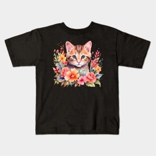 A cat decorated with beautiful watercolor flowers Kids T-Shirt